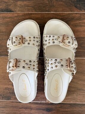 Saint G White Studded Double-Buckle Slide Sandals